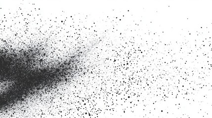 Abstract black and white dust particles dispersing in a dynamic pattern against a white background