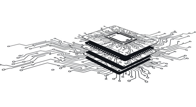 Stacked circuit boards with microchip and circuit lines in line art style