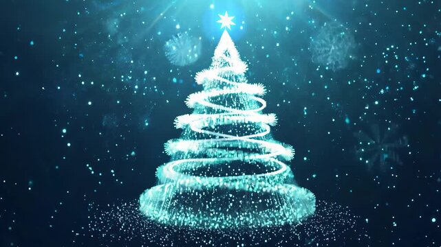  Magical Sparkling Christmas Tree with Falling Snowflakes and Blue Booker Background