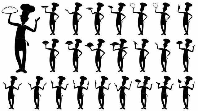 Silhouettes of chefs holding plates and platters in various poses and orientations across the image