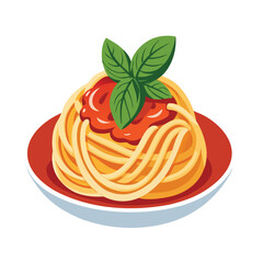 Vector illustration of spaghetti pasta with tomato sauce and basil, realistic clean style, white background
