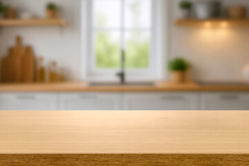 Kitchen wood table top for product display with blurred modern interior. Wooden tabletop over...