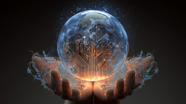 Digital world map overlay on an open ocean with sunrise reflection,