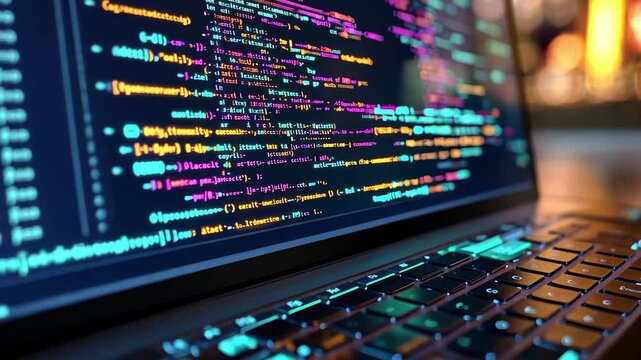 Colorful cartoon style coding concept displayed on a modern laptop keyboard with intricate lines of code, Minimal cartoon style desktop coding concept 3D render