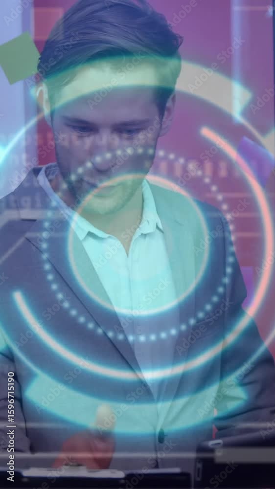 Poster collaborating business professionals using digital interface with data processing overlay