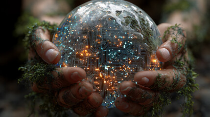 Digital world map overlay on an open ocean with sunrise reflection, sci-fi mood