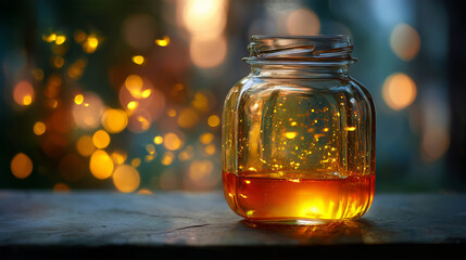 A glass jar of honey with digital fireflies glowing inside, 