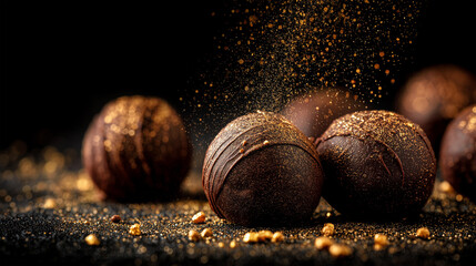 A luxury chocolate truffles on black velvet with gold dust particles floating,