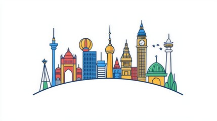 Naklejka premium Colorful skyline illustration showcasing iconic landmarks from various cities around the world.