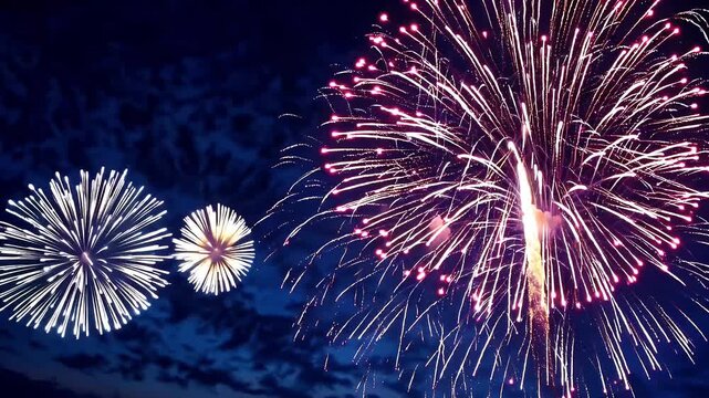 Spread midsummer joy radiant K sky scene where dazzling white fireworks burst against brilliant sapphire daylight capturing carefree celebratory energy festival teasers patriotic promos joyful event