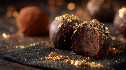 luxury chocolate truffles on black velvet with gold dust particles floating