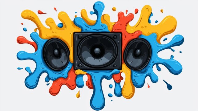 Vibrant sound wave design featuring colorful splashes around a central speaker, perfect for music-themed projects.