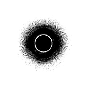 Abstract black circle with radiating lines resembling an eclipse on a white background design element