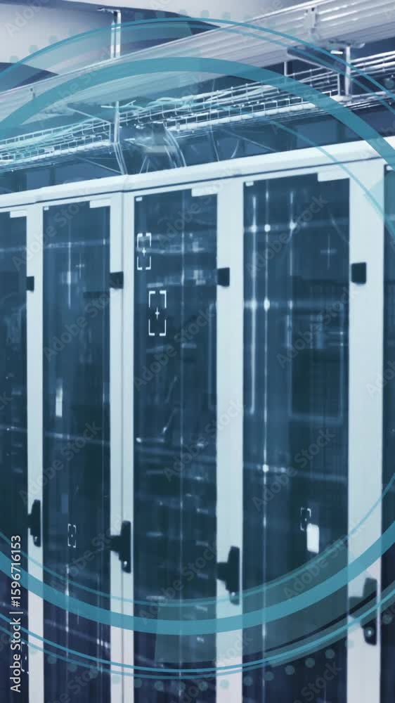 Poster data processing animation over servers in modern data center environment