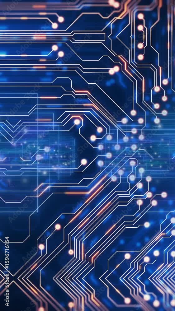 Poster Animation of glowing circuit board pattern with lines and nodes on blue background