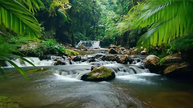 Flowing stream in a lush green forest with clear water and vibrant foliage, Water stream in green forest Fresh clean river in jungle - Powered by Adobe