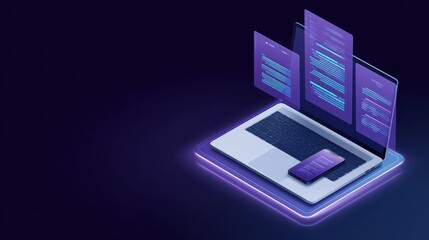 Modern Laptop with Floating Documents and Smartphone Display