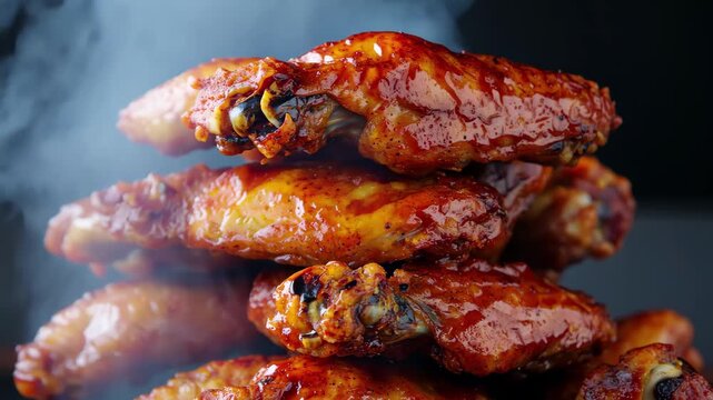 Spicy fried chicken wings stacked high with smoke swirling in the background, Spicy fried chicken wings with smoky background