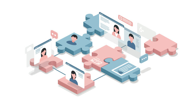 Isometric puzzle network connecting people through digital communication
