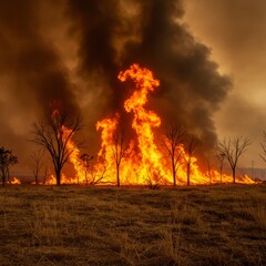 Intense wildfire engulfing dry grassland and trees, smoke billowing in the background under a hazy sky