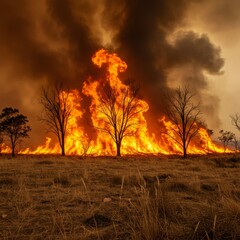 Intense wildfire engulfing dry grassland with flames and smoke, threatening nearby trees, showcasing nature's fury