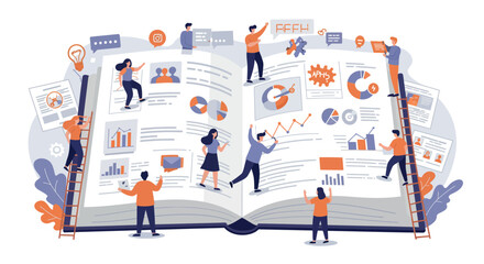 Business team strategizing on digital marketing plan in an open book concept