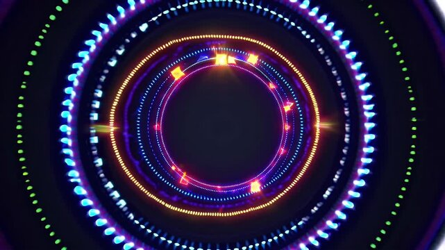 Create elegant logo reveals fading full circle light array multicoloured spokes rotate then dim deep space smooth K loop producing polished cinematic intro brands podcasts event