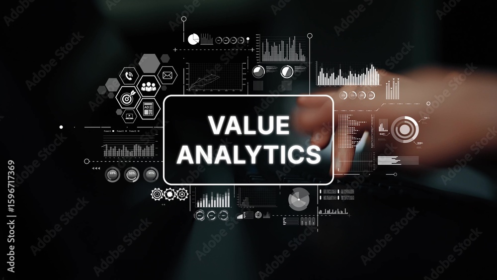 Poster value analytics interface for business intelligence with graphs and charts displayed on digital scre