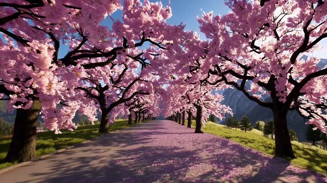 Transport viewers along breathtaking K cherry blossom avenue where rosy petals drift beneath sun kissed alpine peaks seamless video timelapse providing uplifting springtime visuals relaxation
