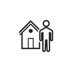 Simple icon of a person standing next to a house isolated on a white background