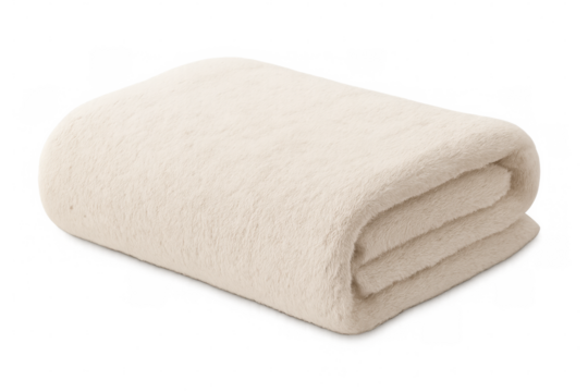 Soft beige blanket folding gently, providing snug warmth with minimalist neutral backdrop, suggesting peaceful relaxation