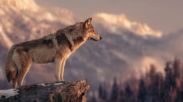 Majestic wolf standing on rocky ledge overlooking mountains during golden hour light