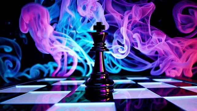 Convey competitive intensity via moody K chessboard tableau gleaming king neon haze surrounded swirling coloured smoke symbolising strategy leadership high stakes gameplay esports teasers business