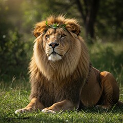 Obraz premium Majestic lion resting in sunlit grass, adorned with a floral crown, surrounded by lush greenery