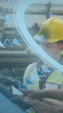 Workers in safety gear operating machinery with digital data overlay animation