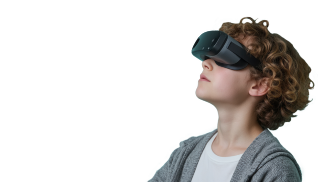 A boy with curly hair wearing virtual reality glasses. Watching up. Transparent isolated background ,png