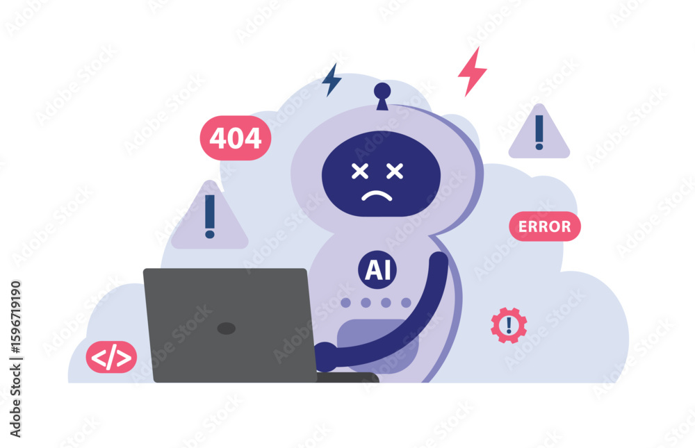 Poster ai error concept. artificial intelligence system is under maintenance and repair.robot that is error