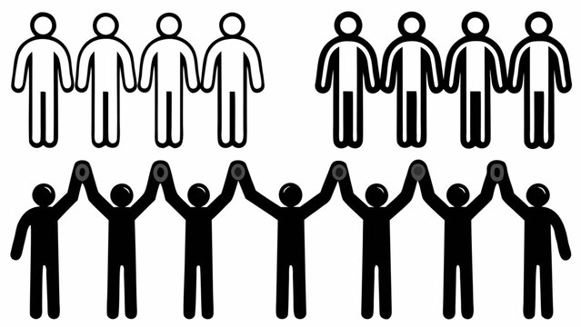 Illustration of stick figures holding hands and raising hands in black and white design concept