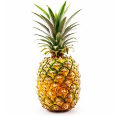 Fototapeta premium A ripe, whole pineapple with vibrant green leaves stands upright against a clean white background, ready for consumption