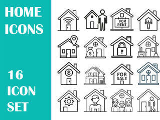 Collection of 16 real estate and home icons isolated on a white background