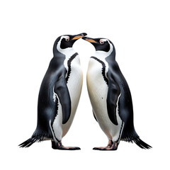 Two african penguins are standing together, isolated on transparent background, showcasing their beautiful black and white plumage