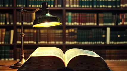 Open book illuminated by lamp in library setting for World Book Day celebration, open book and lamp of library, World Book Day concept video in background