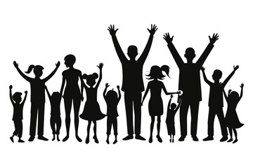 Diverse group of people and children with raised hands celebrating and cheering together in silhouette