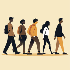 Fototapeta premium Diverse group of young people walking together with backpacks on a plain background