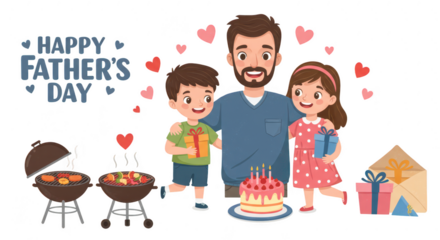 Photo of a cartoon illustration of a happy fathers day celebration with dad, son, and daughter isolated on transparent background
