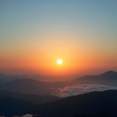 Obraz premium Serene Sunrise Landscape: Radiant Sun Centered Over Fog-Shrouded Mountains with Reflective Mist & Silhouetted Rolling Terrain