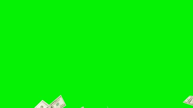 3d dollars bills falling down green screen chroma key, money Rain overlays with alpha matte blending.  Banknotes money are falling and forming rain effect. dollar bills falling down Alpha mate.