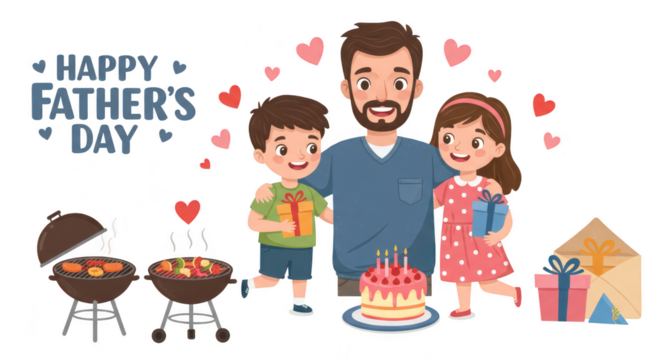 Photo of a cartoon illustration of a happy fathers day celebration with dad, son, and daughter isolated on transparent background