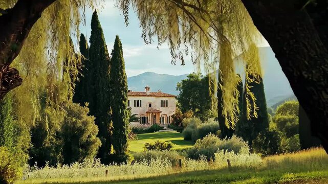 Slender weeping willows sway gracefully in soft breeze near charming countryside villa, Several slender weeping willows swaying in the wind; distant beautiful villa area, depth of field