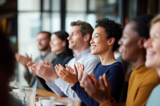 A group of people are clapping and smiling at each other
